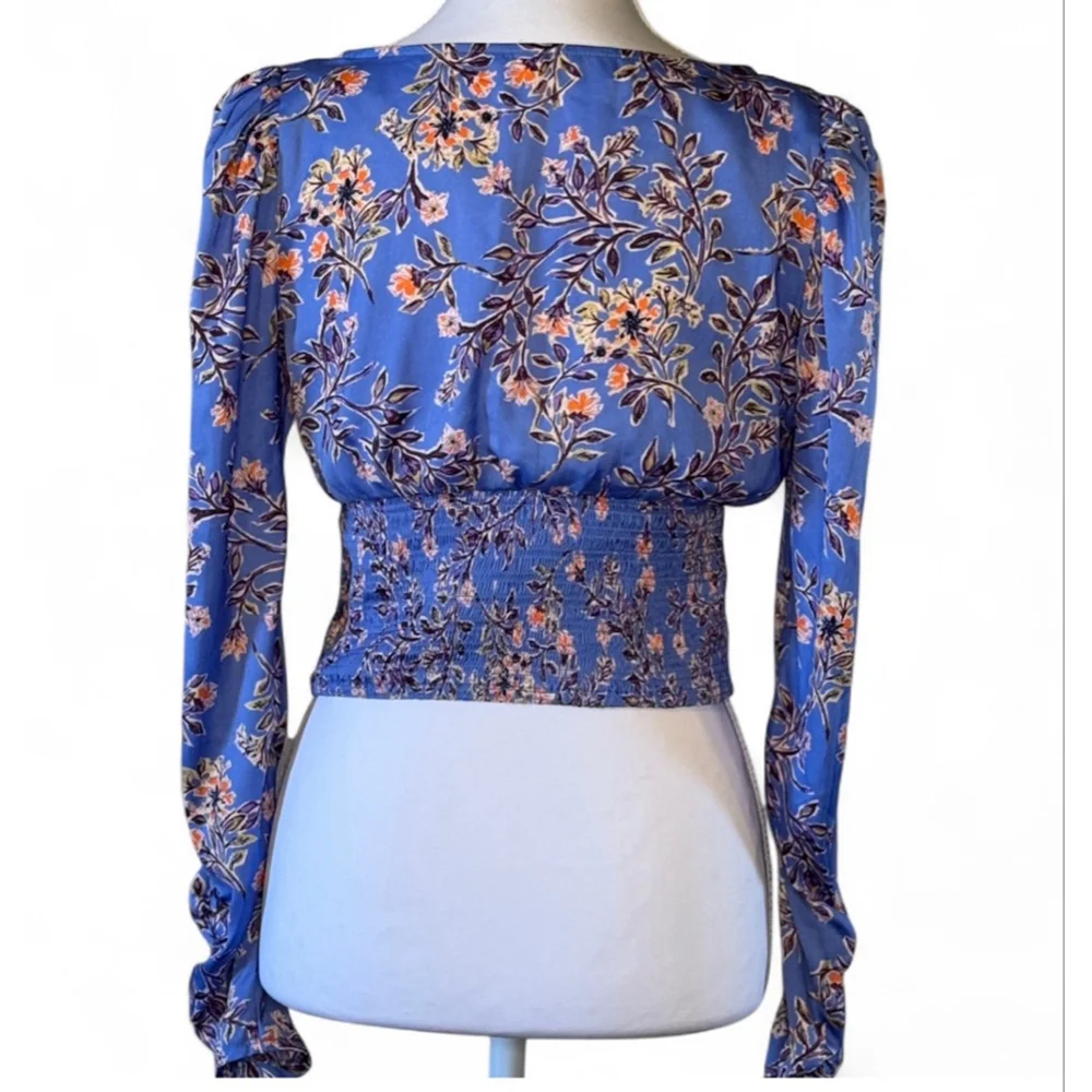 🌸 Free People Blue Floral Smocked Crop Top Puff Long Sleeve Boho Medium